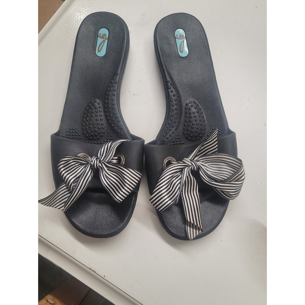 Oka B Women's Black Slides Sandals with Striped Bow‎ Accent - Size L